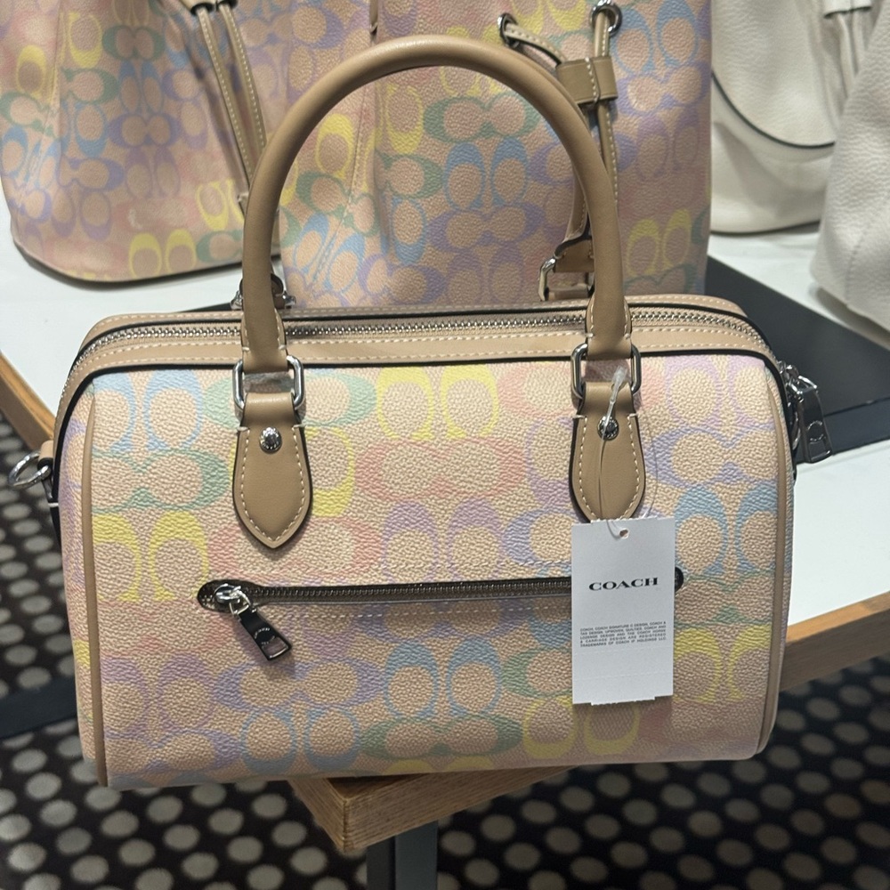 Coach Rowan Satchel Bag In Rainbow Signature Canvas CDA90 Sand Multi - Picture 4 of 11
